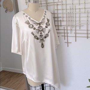 St. John Silk Tunic Blouse with Hand Beading